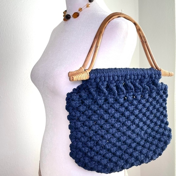 Handmade Bohemian Boho Minimalist Neutral Woven Macrame Shoulder bag Wood Handle - Picture 1 of 8